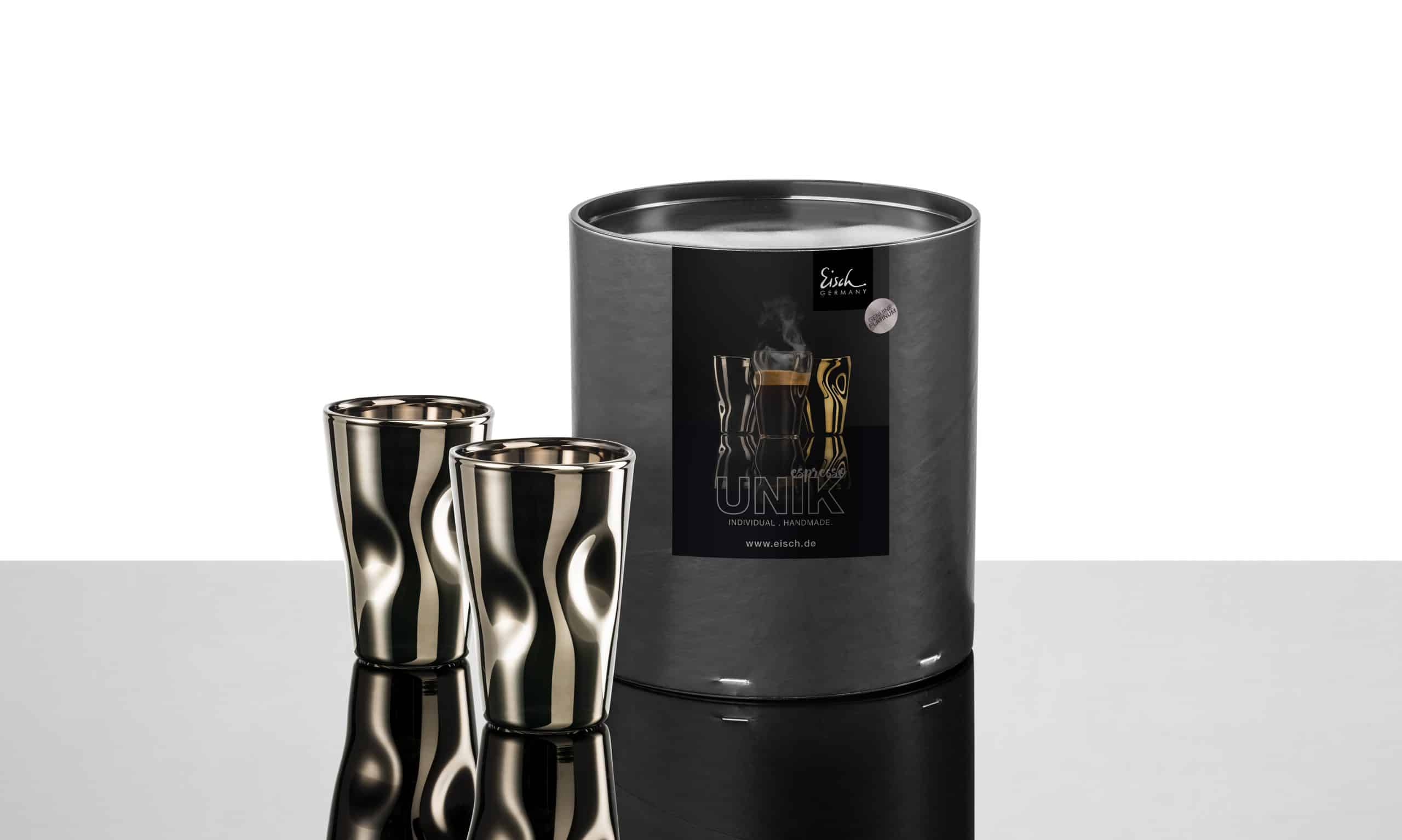 Set aus 2 UNIK Espressogläsern · Edelmetall veredelt